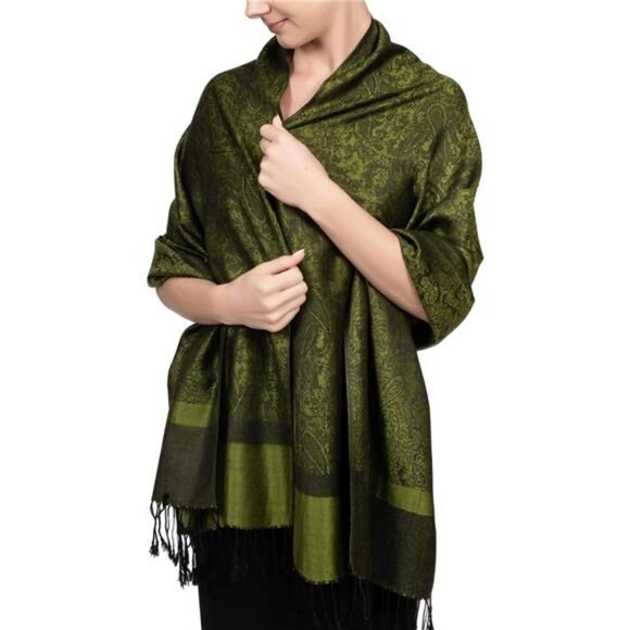 Two-Tone  Paisley Pashmina Scarf – Lightweight Olive Green - Picture 1 of 6